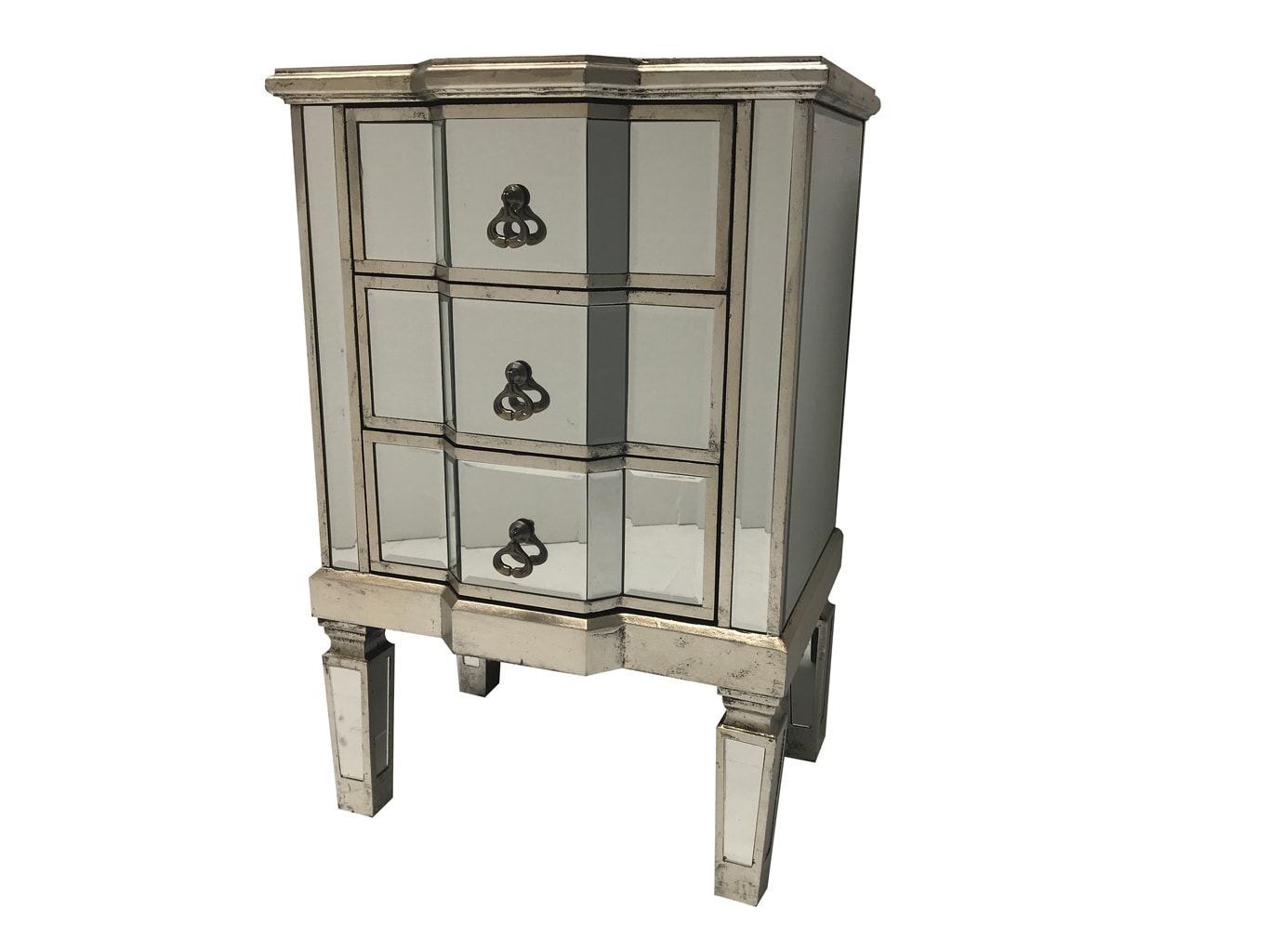 Charleston mirrored bedside with 3 drawers, wood and glass, champagne silver