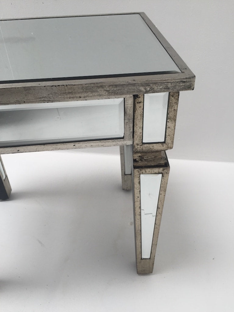 Mirrored stool with an antiqued silver wooden edge, wood and mirror, antique silver finish.