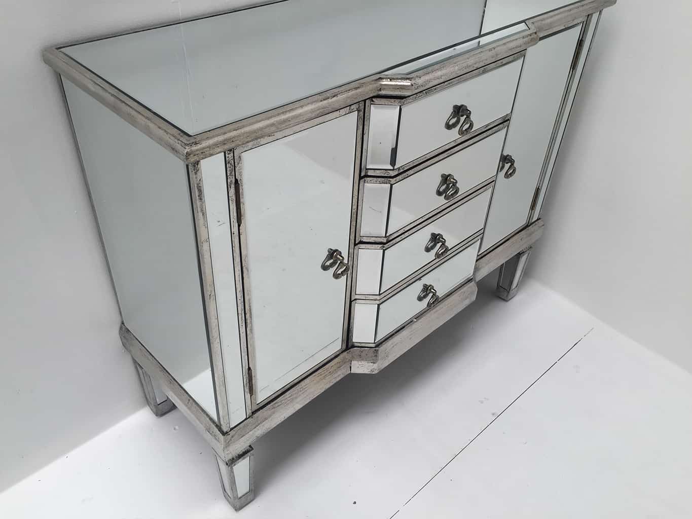 Mirrored Sideboard with four Drawers and two Cupboards, brass drop handles, wood and mirror, antiqued silver