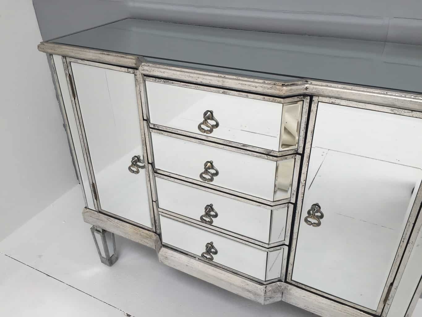 Mirrored Sideboard with four Drawers and two Cupboards, brass drop handles, wood and mirror, antiqued silver