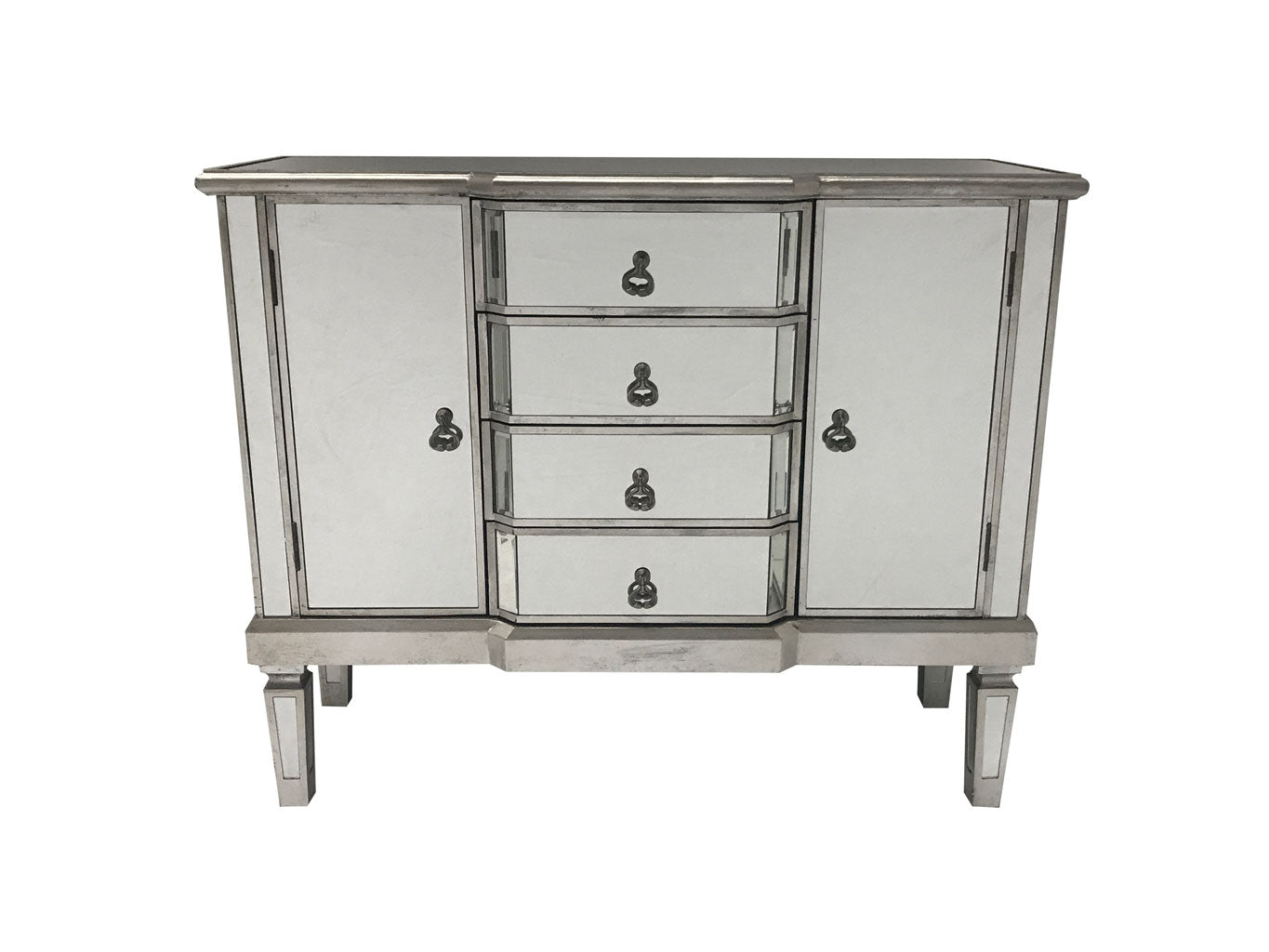 Mirrored Sideboard with 4 Drawers and 2 Cupboards, brass drop handles, wood and mirror, antiqued silver