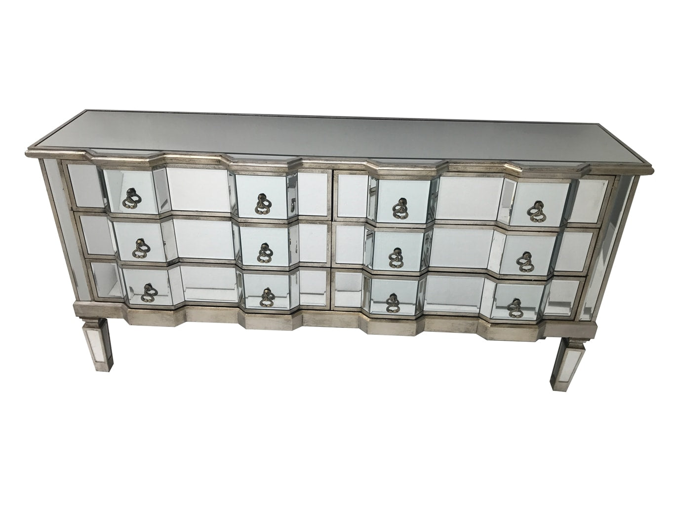Charleston mirrored chest with 6 long drawers, brass drop handles, wood and mirror, antiqued silver.