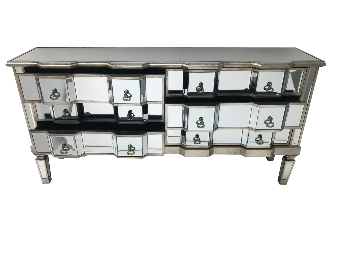 Mirrored chest with 6 long drawers, brass drop handles, wood and mirror, antiqued silver.