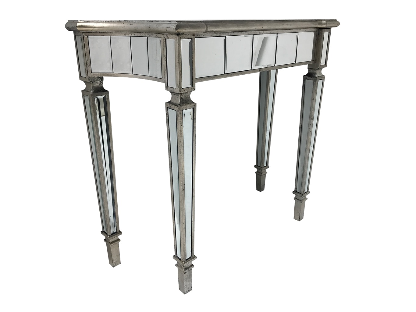 Marbella mirrored console table, wood and mirror, bevelled glass, antiqued silver edging