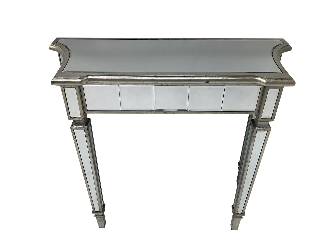 Marbella mirrored console table, wood and mirror, bevelled glass, antiqued silver edging