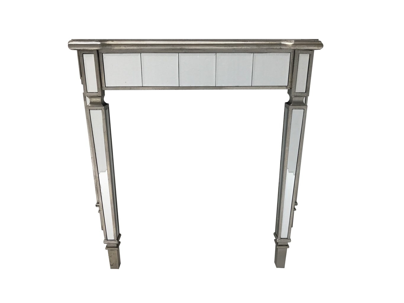 Mirrored console table, wood and mirror, bevelled glass, antiqued silver edging