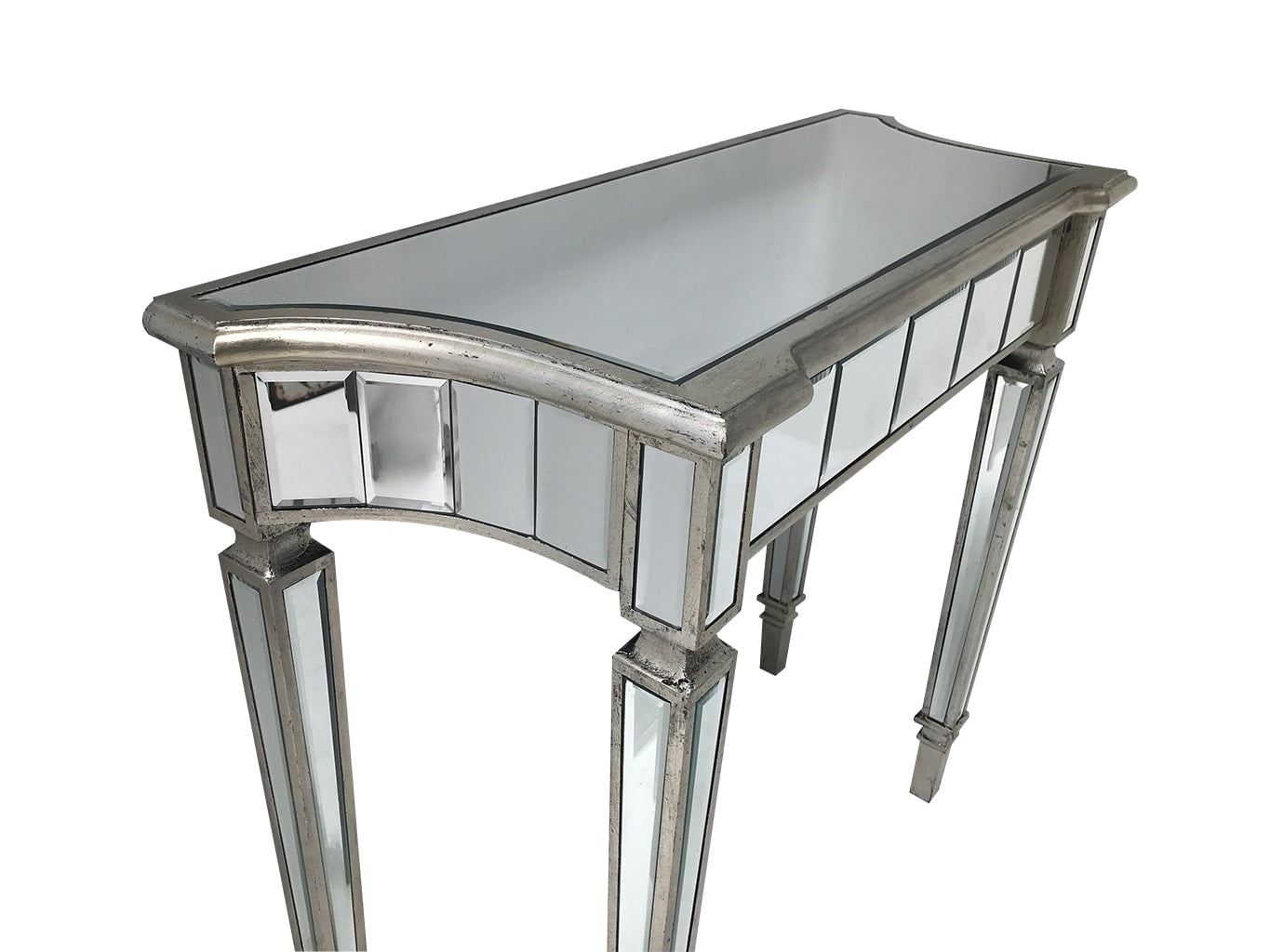 Mirrored console table, wood and mirror, bevelled glass, antiqued silver edging