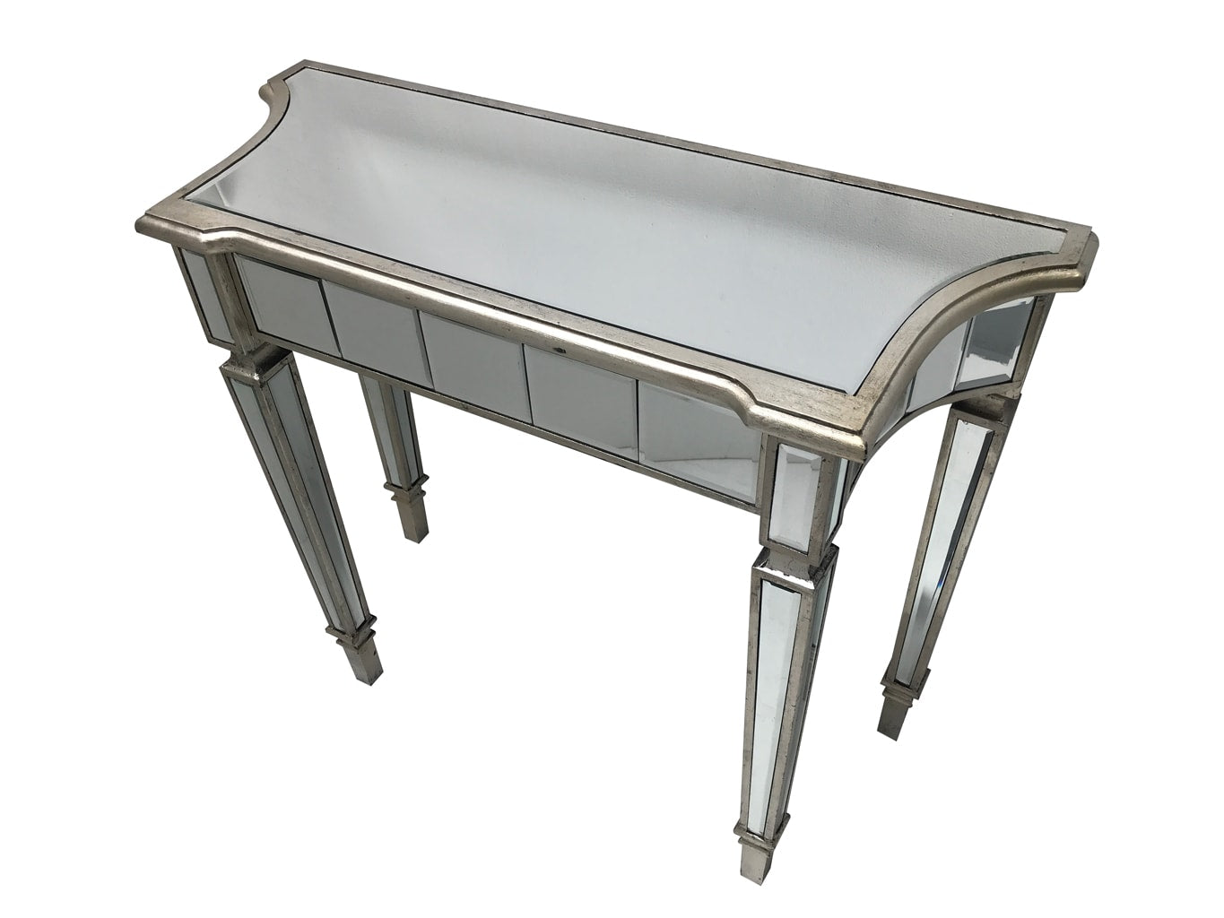 Marbella mirrored console table, wood and mirror, bevelled glass.