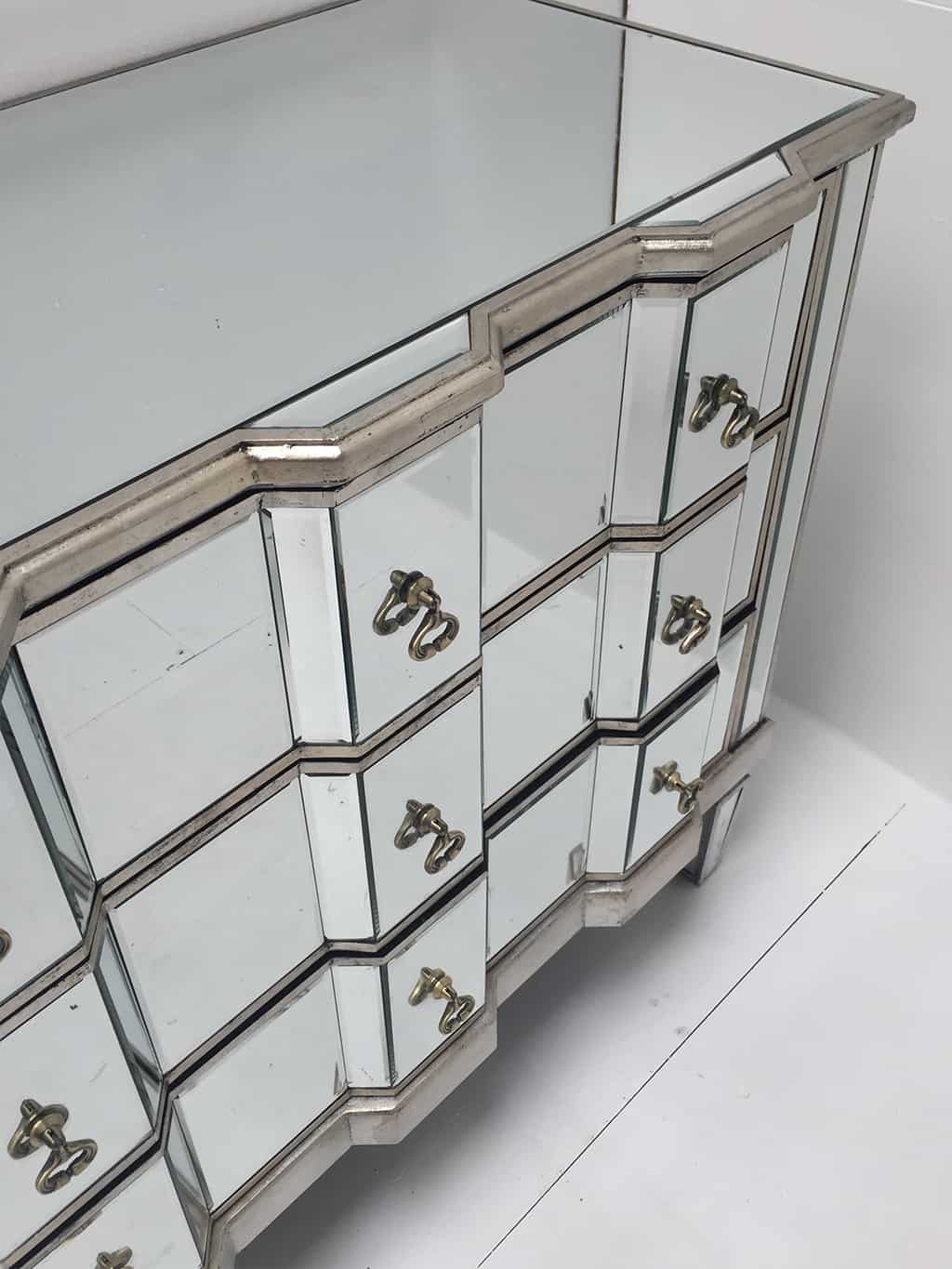 Charleston mirrored chest of 3 drawers, vintage style, silver finish, large and deep drawers, brass drop handles.