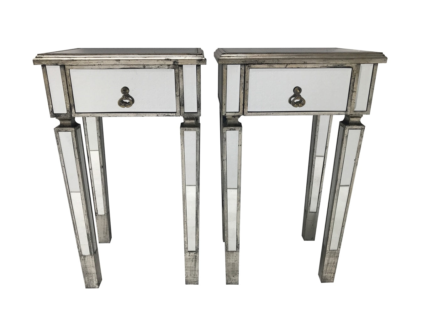Pair of Mirrored Side Tables with wooden edging and antiqued slim silver finish from our stunning luxury Charleston collection. Brass drop handles, one drawer, wood and mirror, antique silver finish