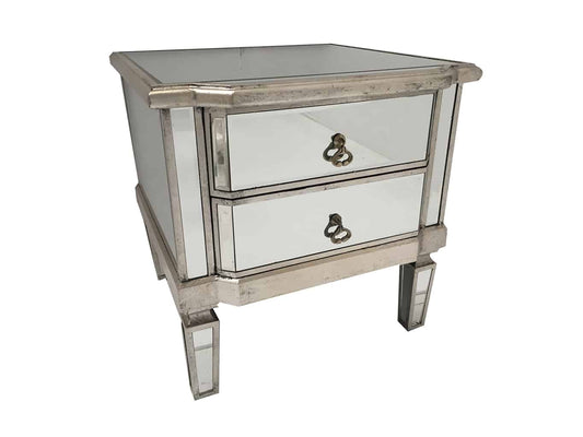 Charleston Mirrored Bedside Table, 2 drawers, antiqued silver
