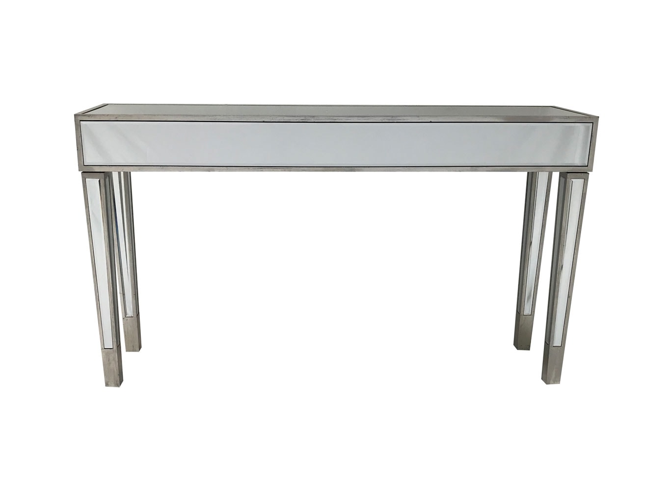 Charleston slim Mirrored Console Table, wood and mirror, antiqued silver finish