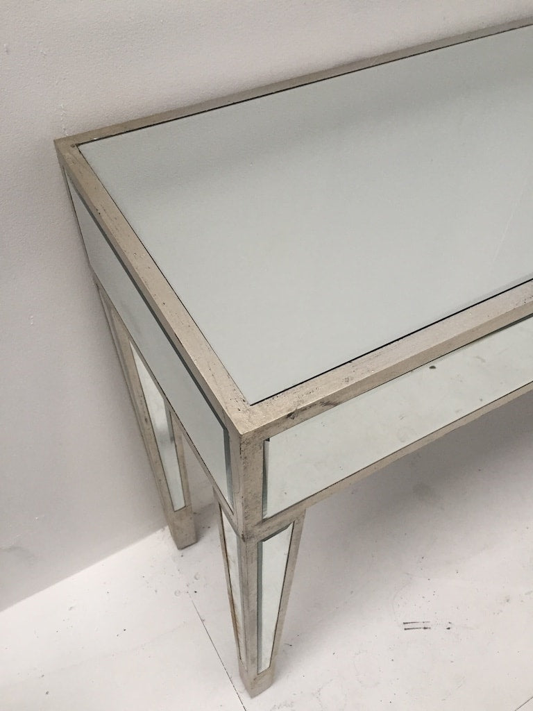 Mirrored Console Table, slim design, wood and mirror, antiqued silver finish