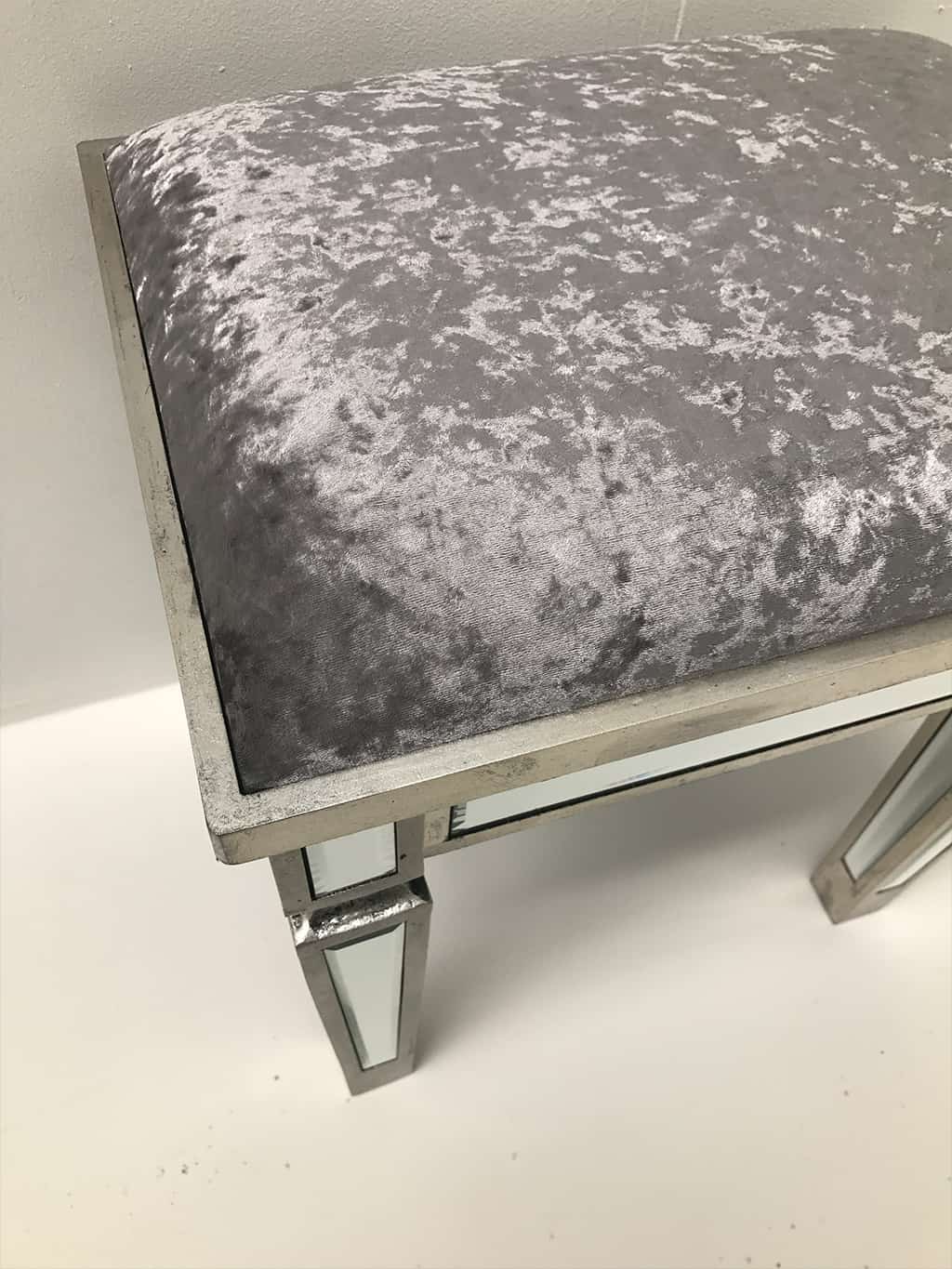 Mirrored stool, silver finish, grey velvet upholstery