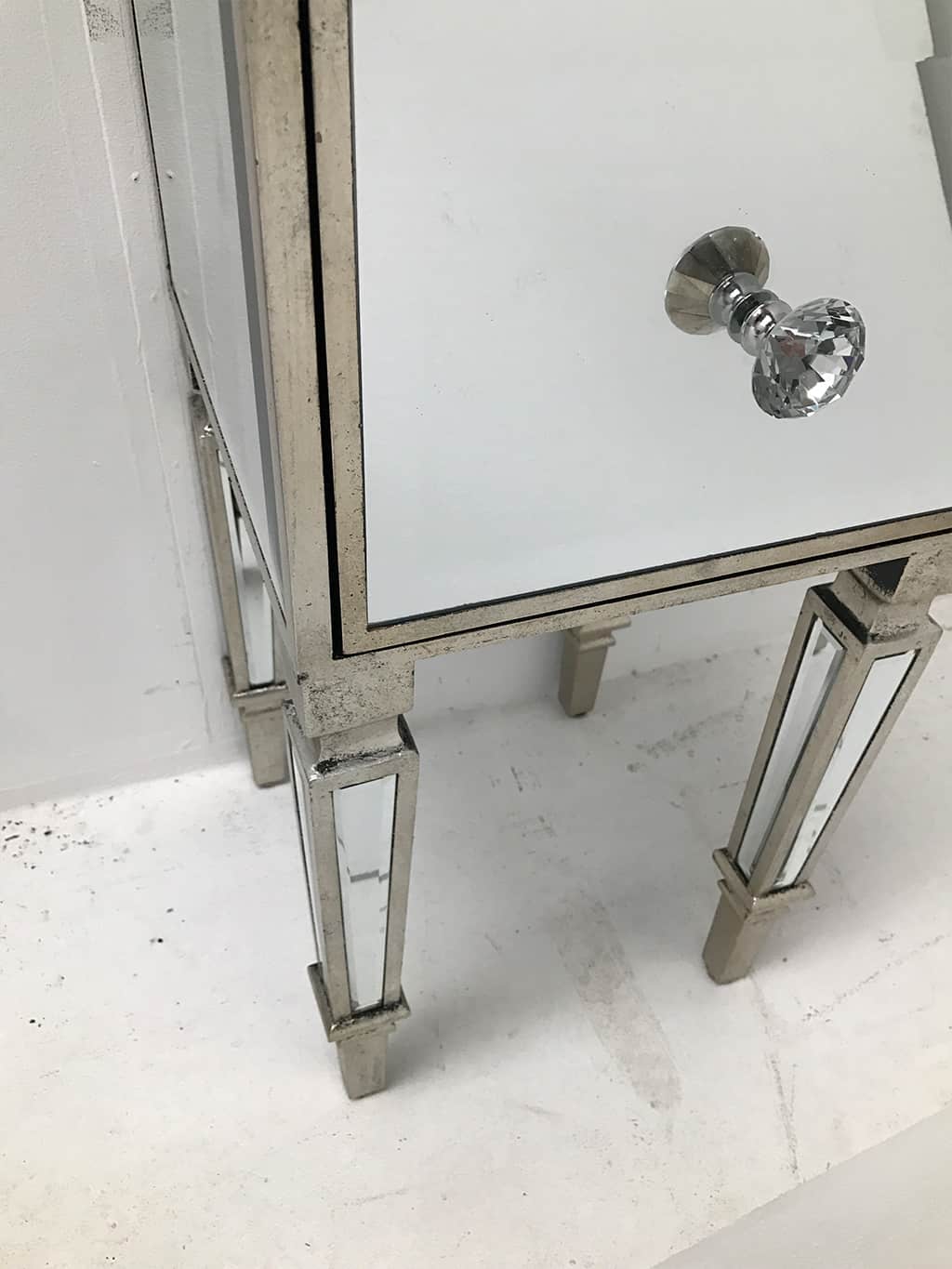 Hollywood mirrored bedside cupboard, wood and mirror, antiqued silver finish.