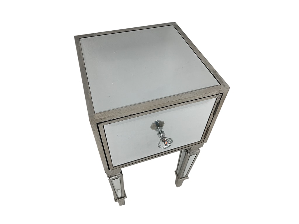 Mirrored nightstand with a cupboard, wood and mirror, antiqued silver finish.