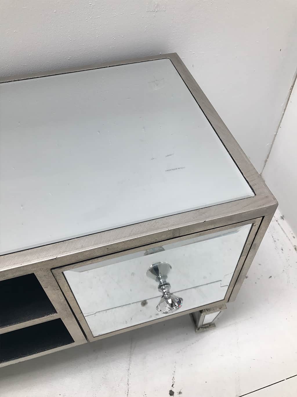 Hollywood Mirrored TV Unit, media unit for entertainment set up, wood and mirror, antiqued silver.