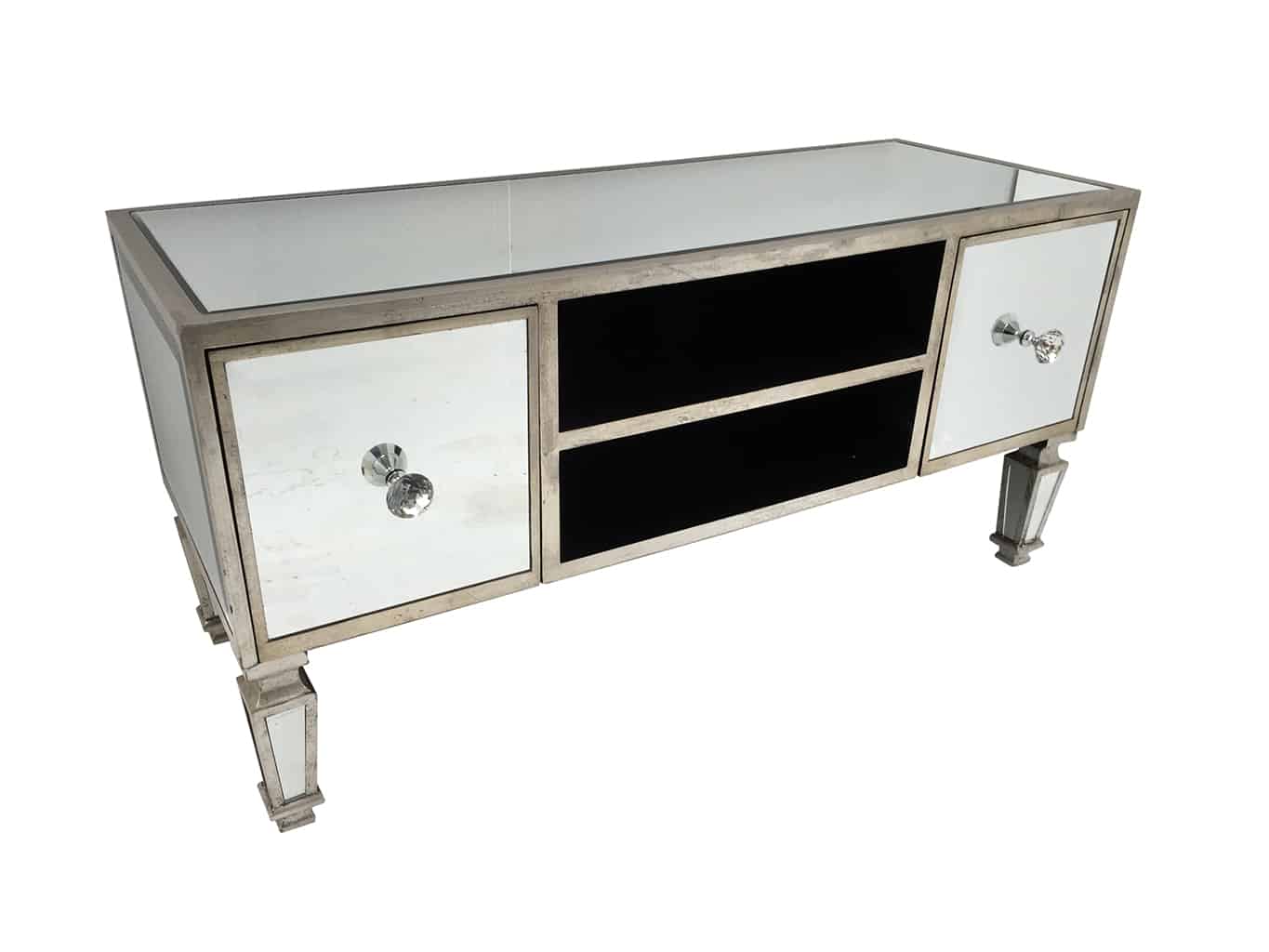 Mirrored TV Unit, media unit for entertainment set up, wood and mirror, antiqued silver.