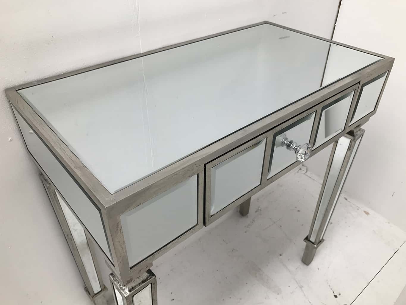 mirrored console table with a single drawer, wood and mirror, slim design, crystal handle