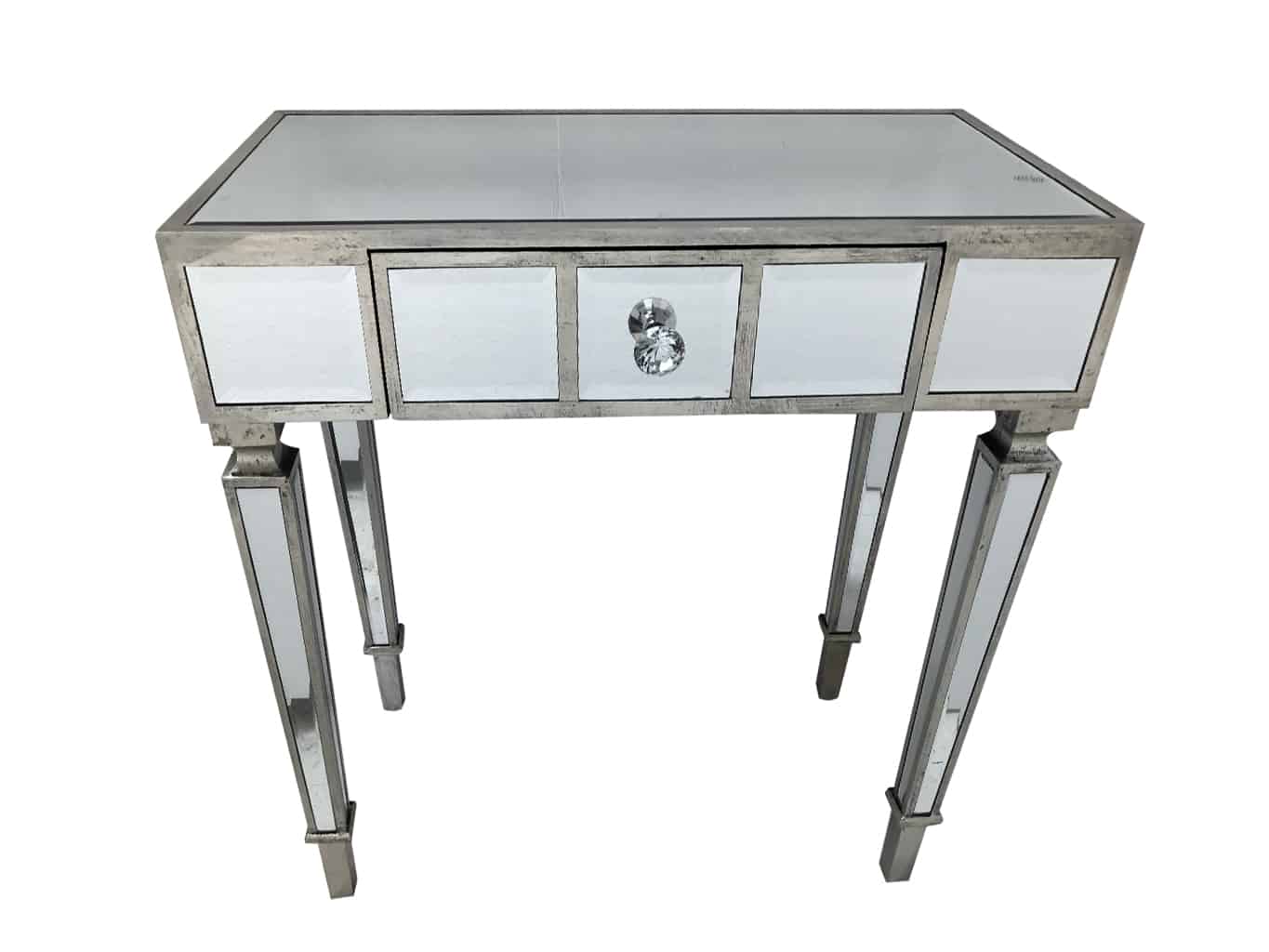 mirrored console table with a single drawer, wood and mirror, slim design, crystal handle