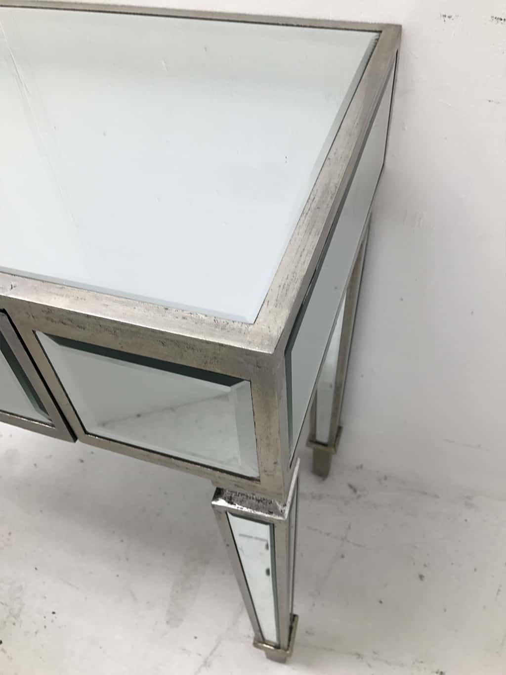 mirrored console table with a single drawer, wood and mirror, slim design, crystal handle