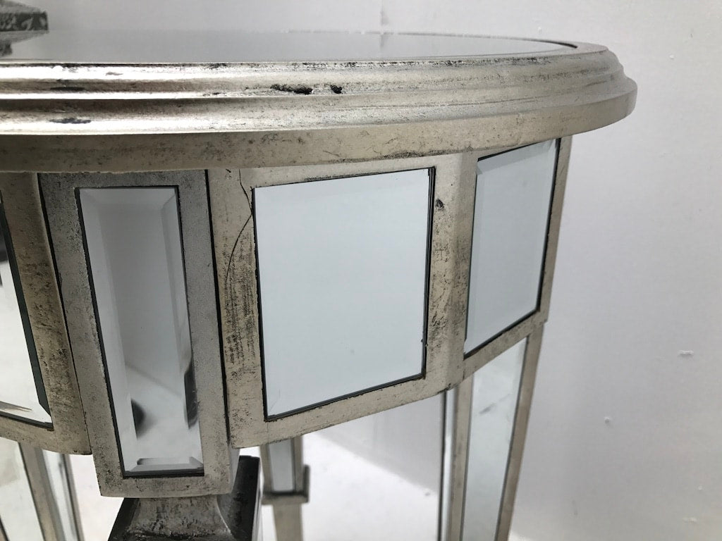 Round Mirrored Side Table, wood and mirror, antiqued silver finish.