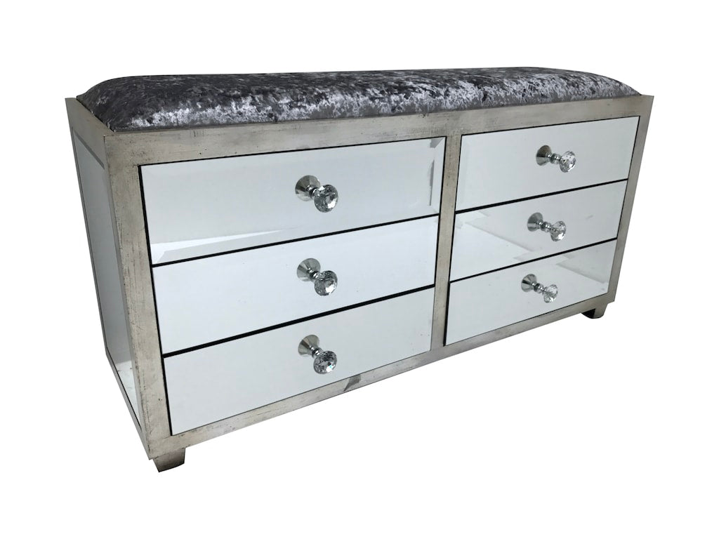 Mirrored Ottoman with 6 Drawers, crystal knobs, grey crushed velvet upholstery fabric, bevelled mirror panels, wood and mirror, antiqued silver finish.