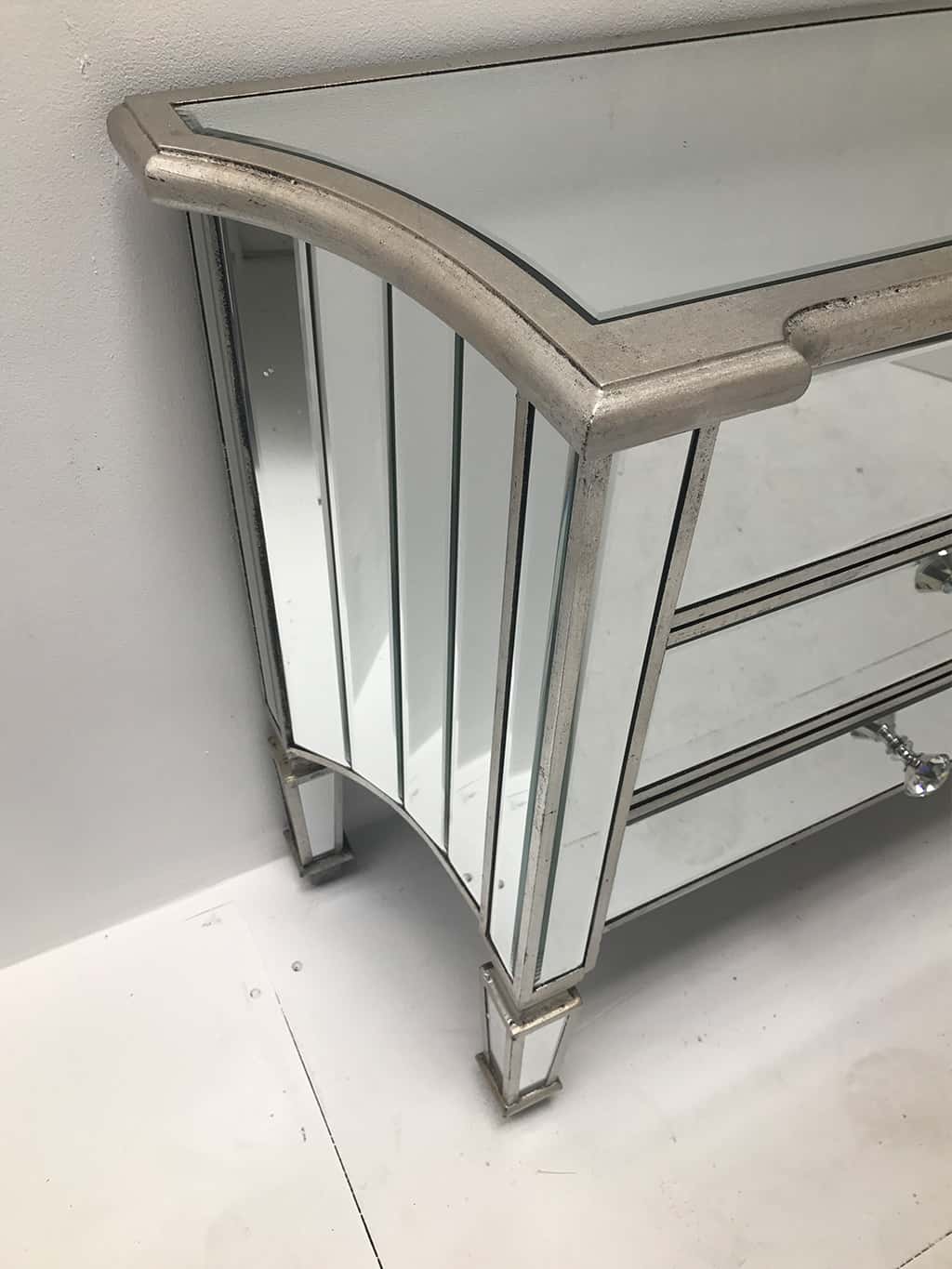 Marbella Mirrored Sideboard with 6 drawers, wood and mirror, crystal knobs, antique silver