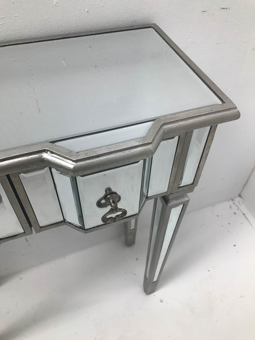 Charleston Mirrored Console Table with 2 drawers, antique silver finish, wood and mirror, brass drop handles