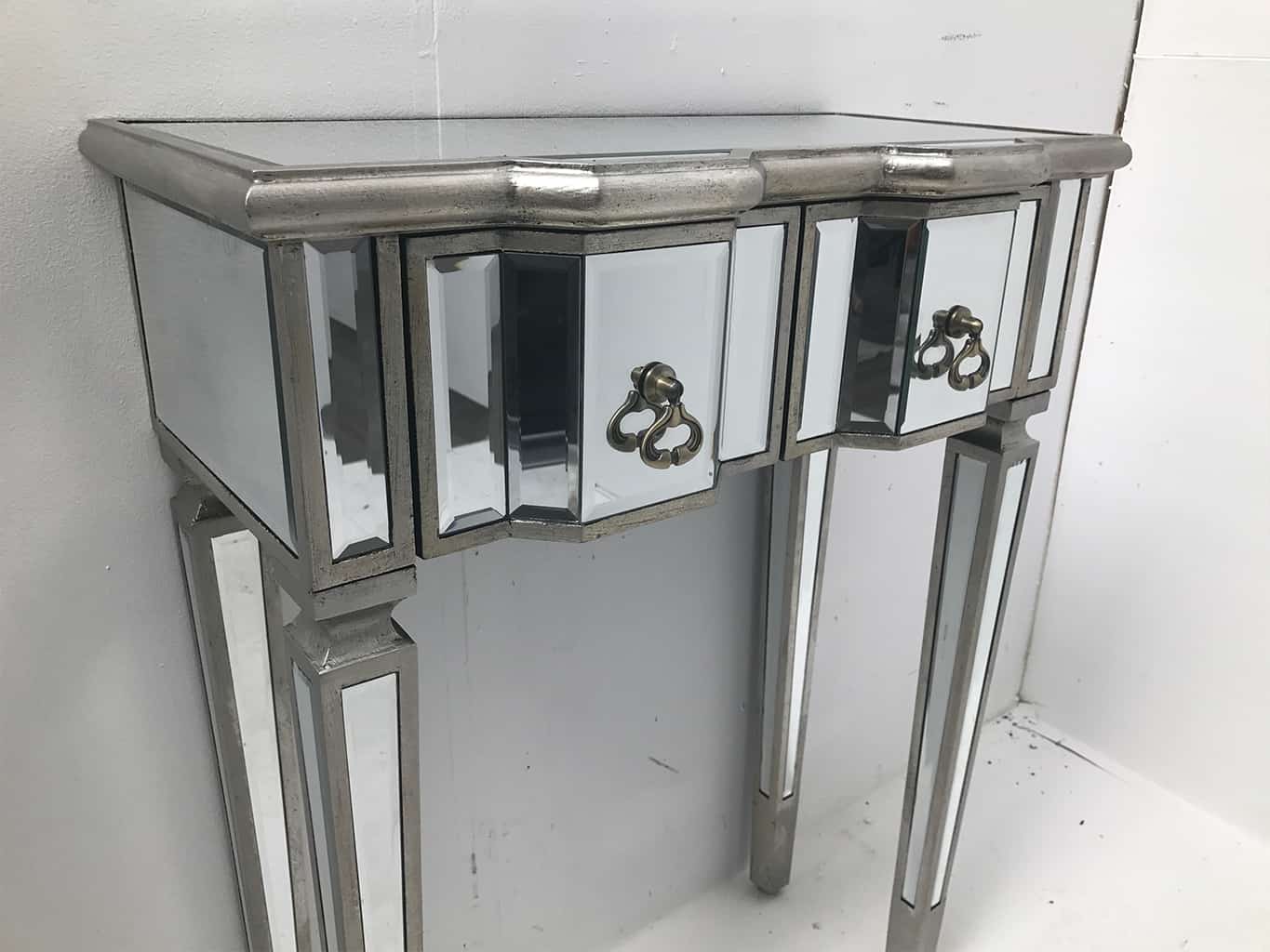 Charleston Mirrored Console Table with 2 drawers, antique silver finish, wood and mirror