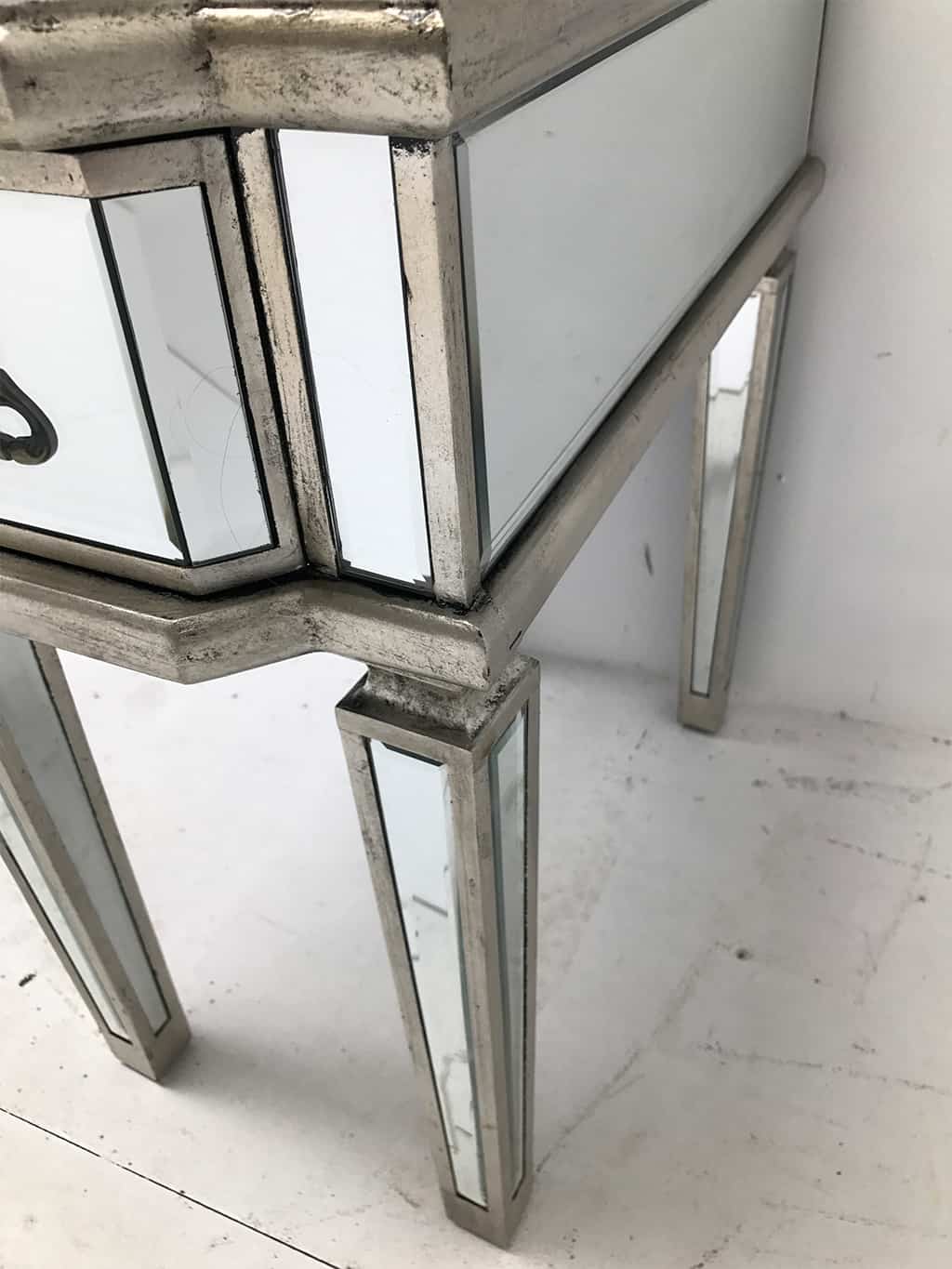 Mirrored bedside with 1 drawer nad brass drop handle, antique silver finish