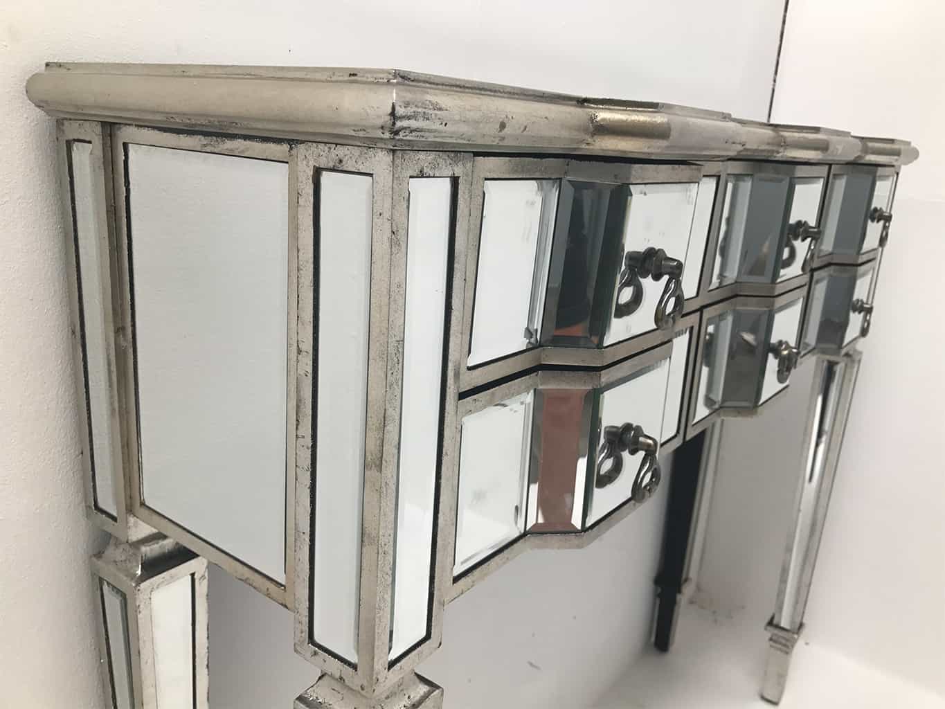 Charleston mirrored console table with 6 drawers, wood and mirror, antiqued silver, brass drop handles