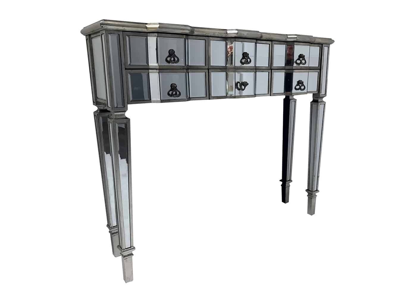 mirrored console table, six drawers, wood and mirror, antiqued silver, brass drop handles
