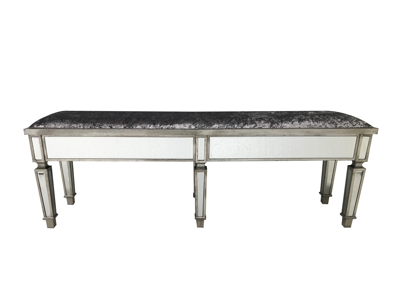 Charleston Mirrored Stool, extra long with all bevelled mirror panels, upholstered in a silver crushed velvet fabric, supported on 6 legs, wood and mirror and cloth, antiqued silver finish.