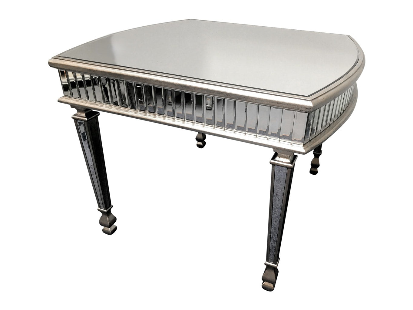 New York mirrored dining table, rounded ends, 3cm bevelled mirror strips, wood and mirror, antiqued silver