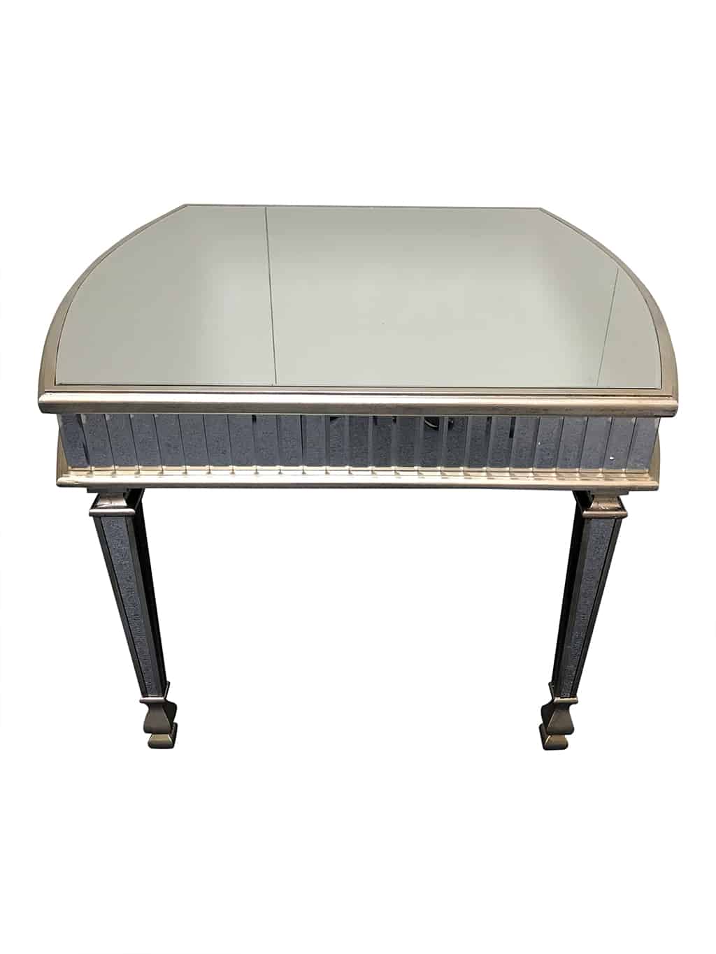 New York mirrored dining table, rounded ends, 3cm bevelled mirror strips, wood and mirror, antiqued silver