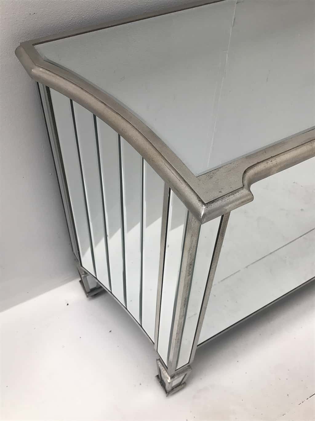 Marbella mirrored sideboard with two cupboard doors, bevelled panels, curved ends, crystal knobs, wood and mirror, antiqued silver