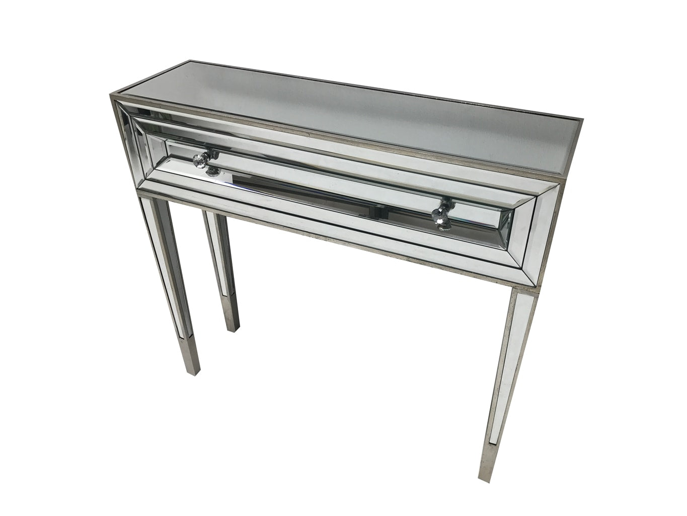 Hollywood mirrored console table, one drawer, wood and mirror, vintage silver