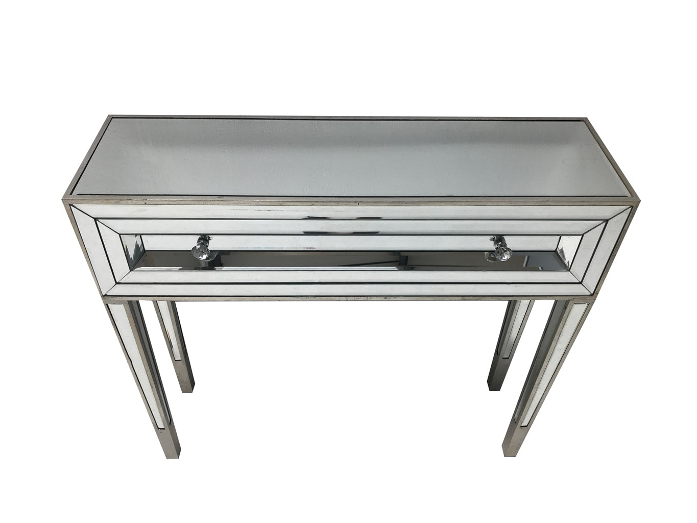 mirrored console table with a single drawer with crystal knobs, wood and mirror, vintage silver
