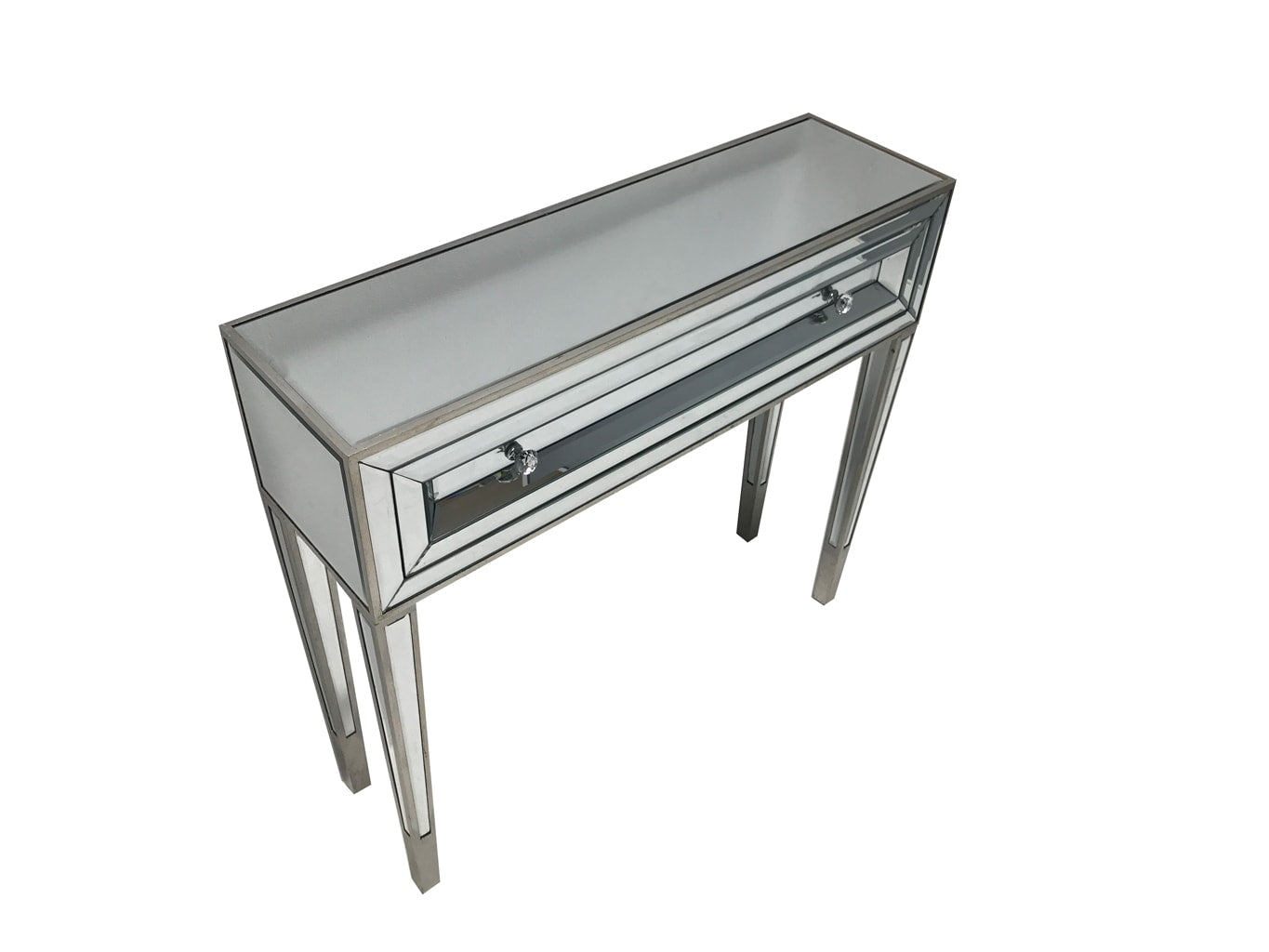 Mirrored console table with a single drawer, wood and mirror, vintage silver