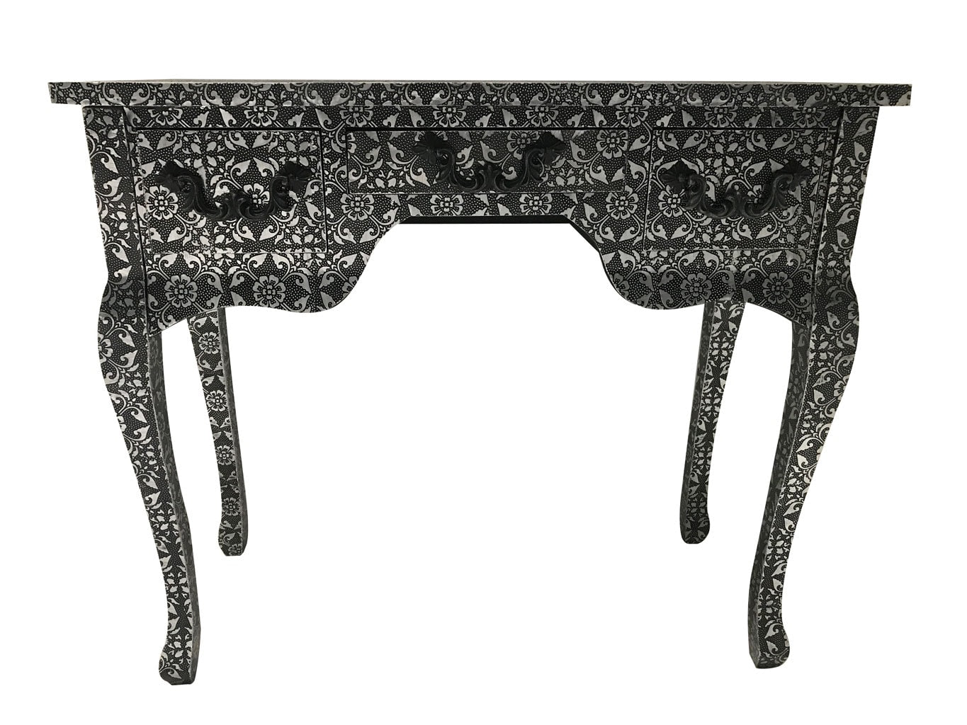 Repousse Side Table with 3 Drawers and Hammered Floral Design