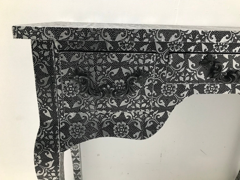 Designer Dressing Table, vintage repoussé finish, hand-crafted, wood and metal, black and silver.