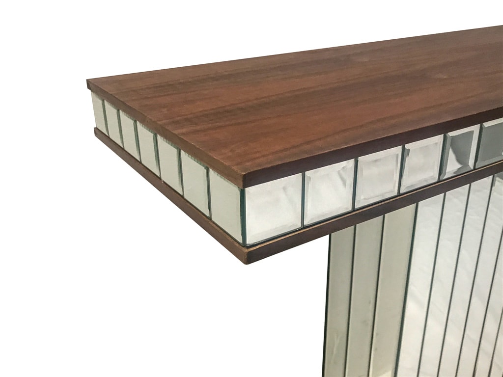 Mirrored console table, with a walnut top and base with 5cm bevelled mirror strips, single column. Contemporary design, accent table.