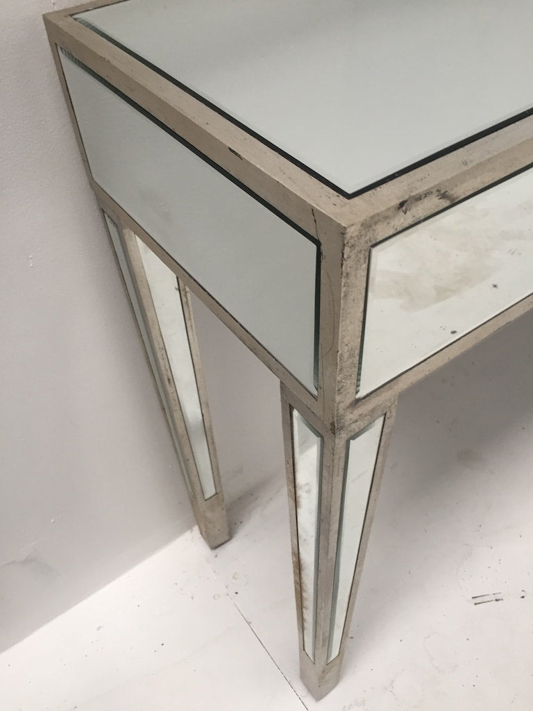Charleston slim Mirrored Console Table, wood and mirror, antiqued silver finish