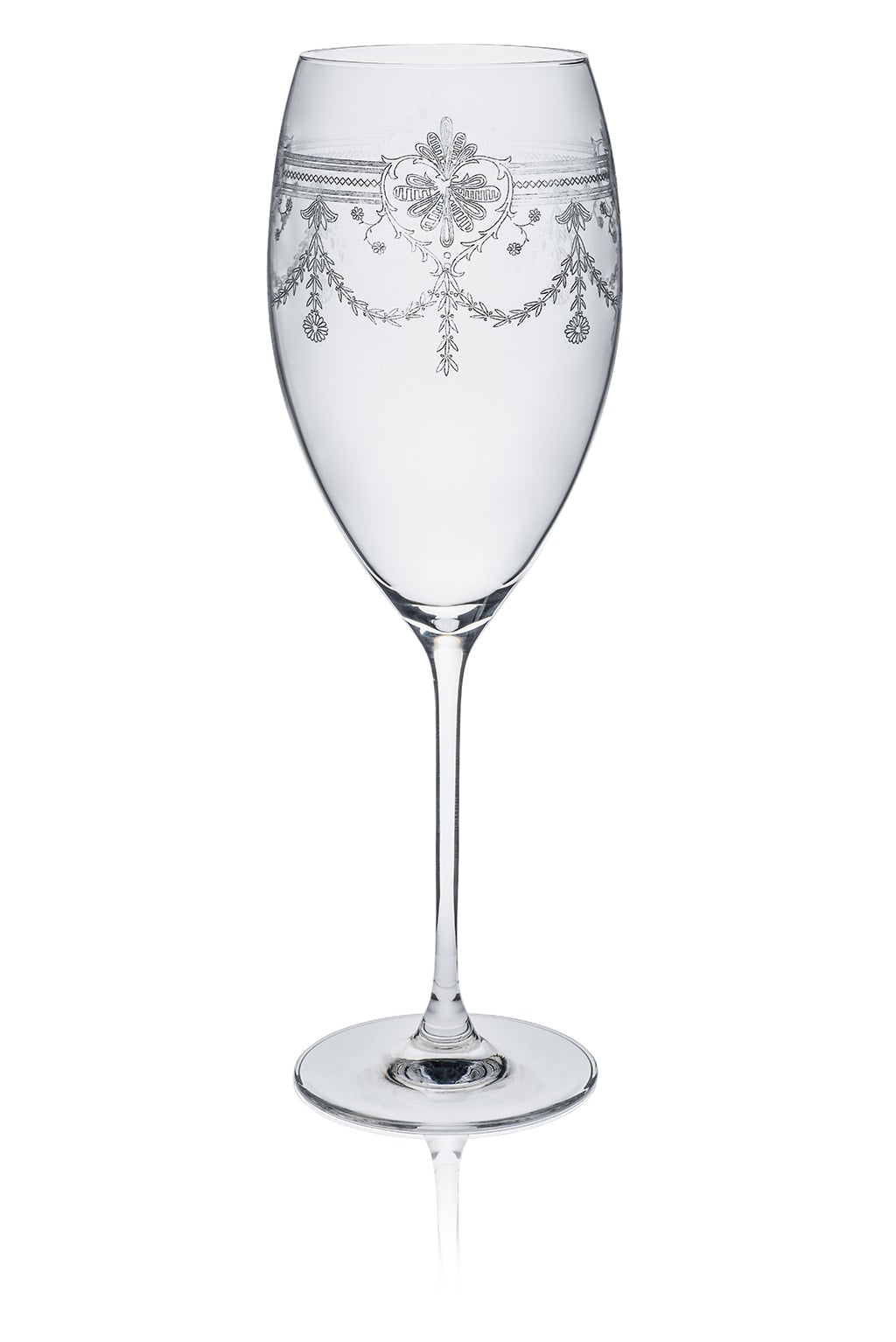 Tall classic shaped glass with a very classy Victorian style etching glass clear