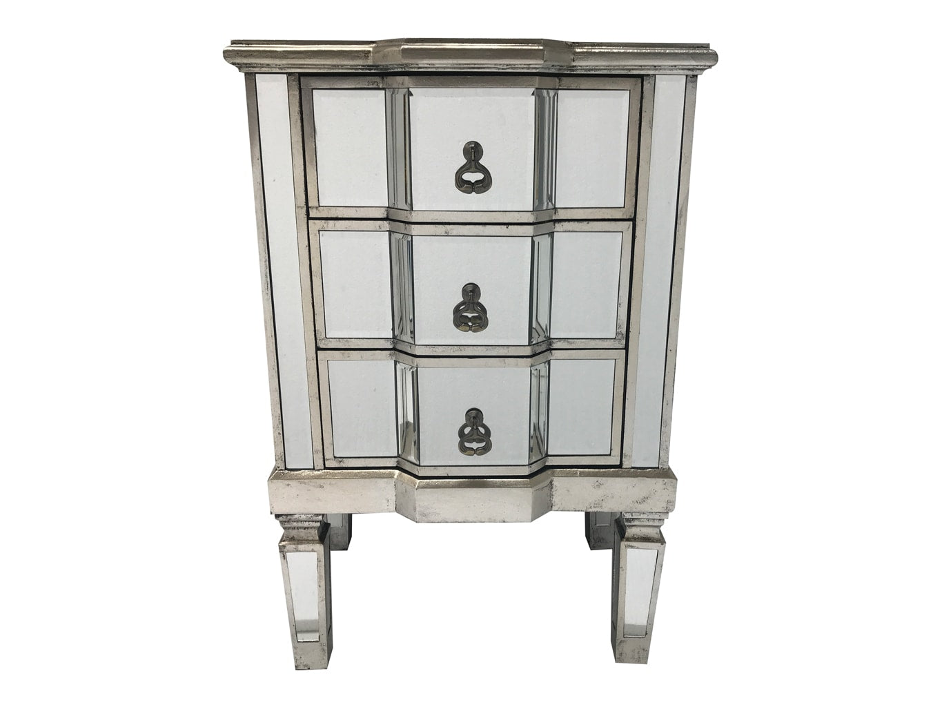 Charleston mirrored bedside with 3 drawers, wood and glass, champagne silver