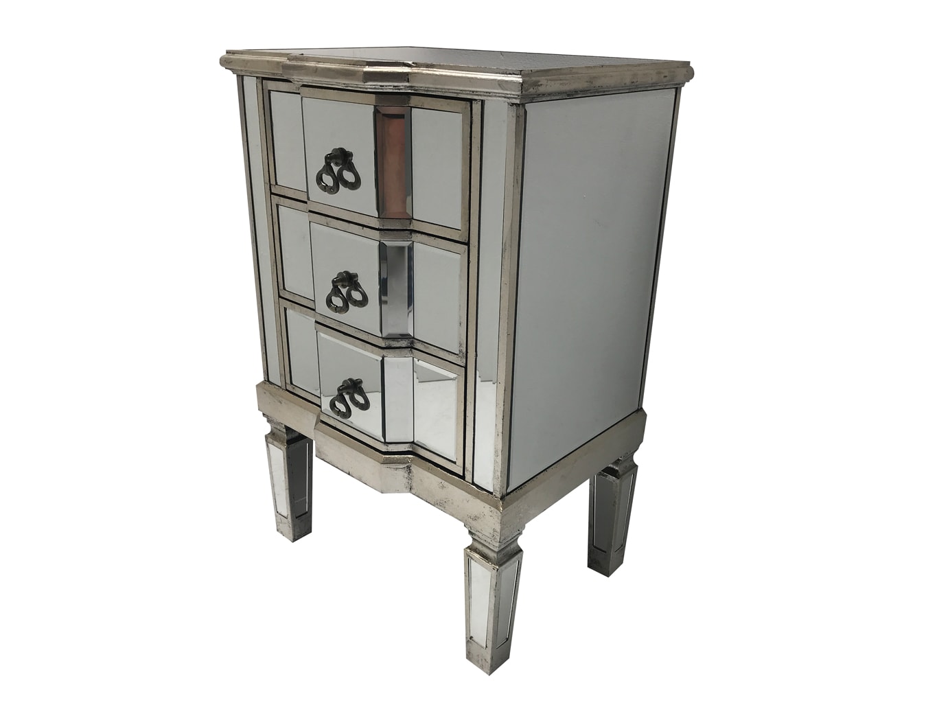 Charleston mirrored bedside with 3 drawers, wood and glass, silver fnish