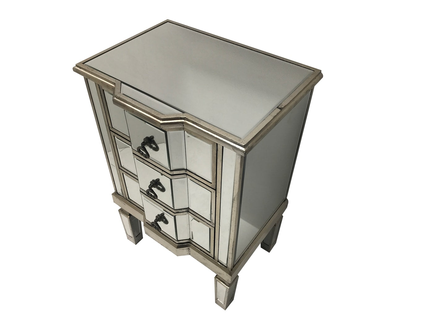 mirrored bedside with 3 drawers, wood and glass, champagne silver