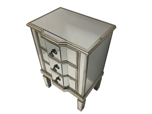 mirrored bedside with 3 drawers, wood and glass, champagne silver