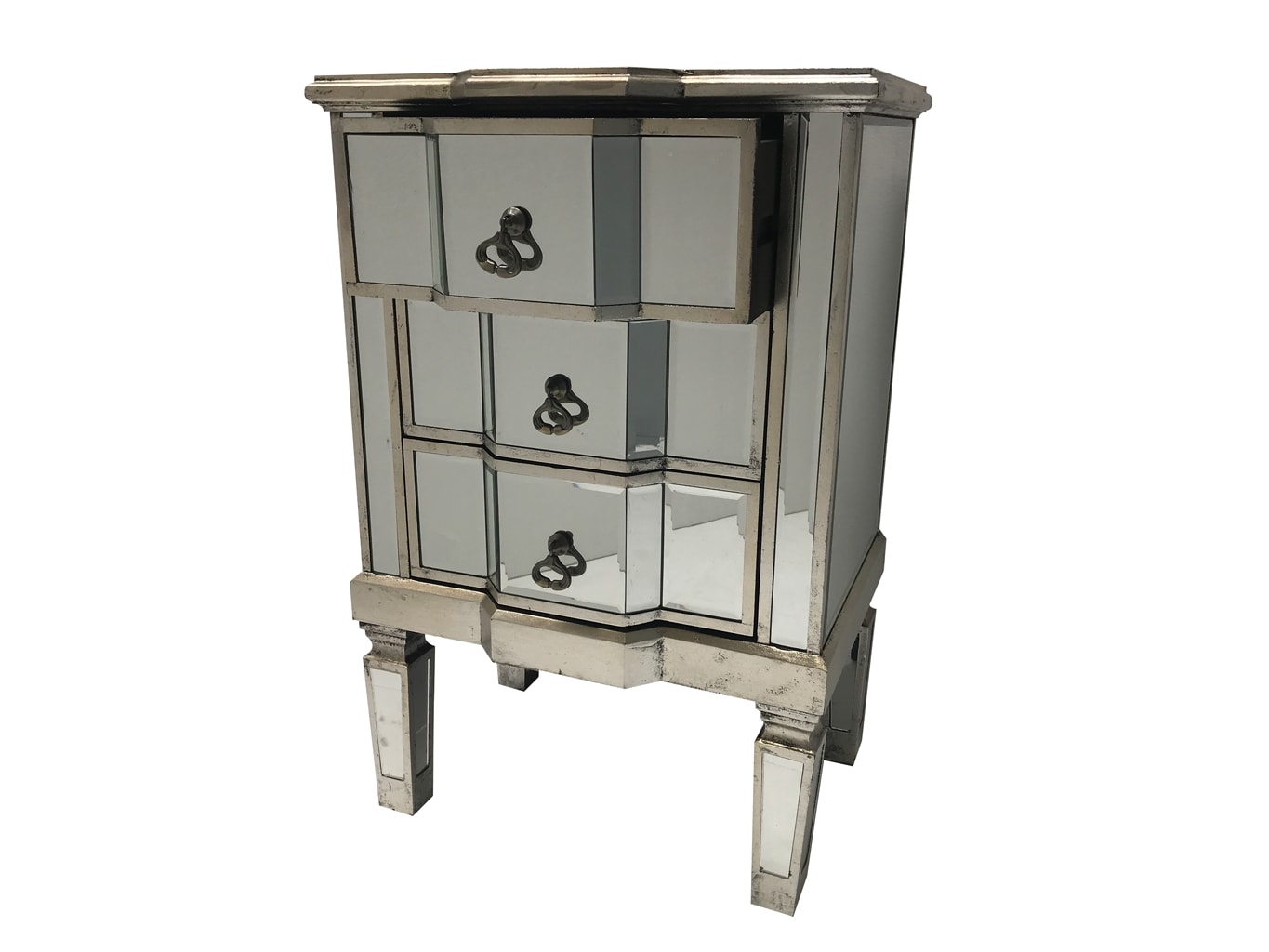Charleston mirrored bedside with 3 drawers, wood and glass, champagne silver